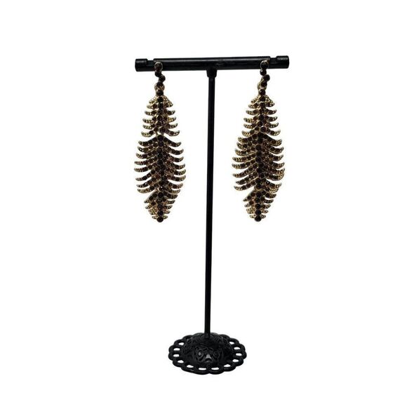 Gold Tone Articulated Maroon Rhinestone Dangle Feather Earrings Pierced Long - Picture 2 of 11